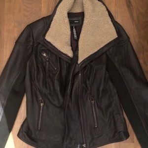 Aqua Brown Leather Jacket with Shearling detail